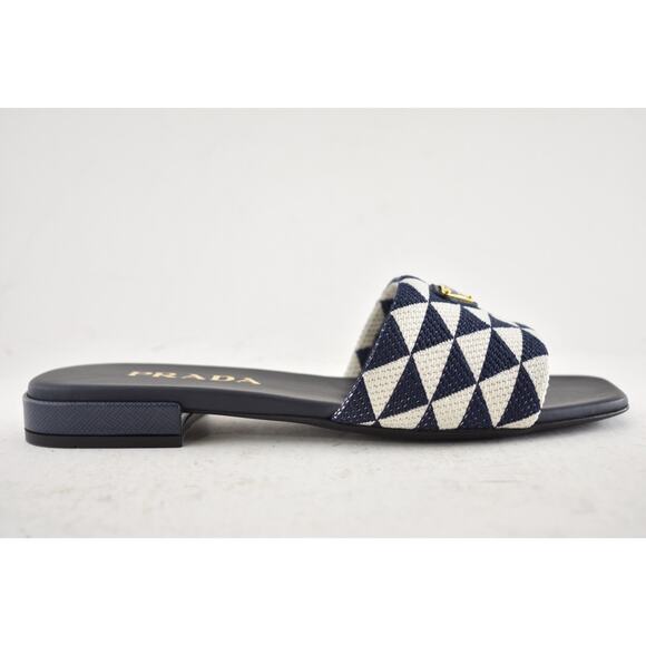 Prada Jacquard Triangle Logo Baltico Talco Blue White Slide Sandal Flat Mule 36 - Picture 2 of 15